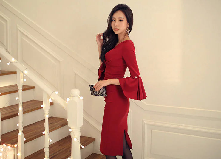 Chic V-Neck Bell Sleeve Evening Dress