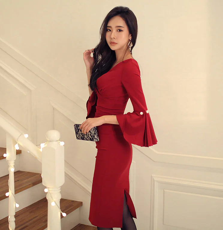 Chic V-Neck Bell Sleeve Evening Dress