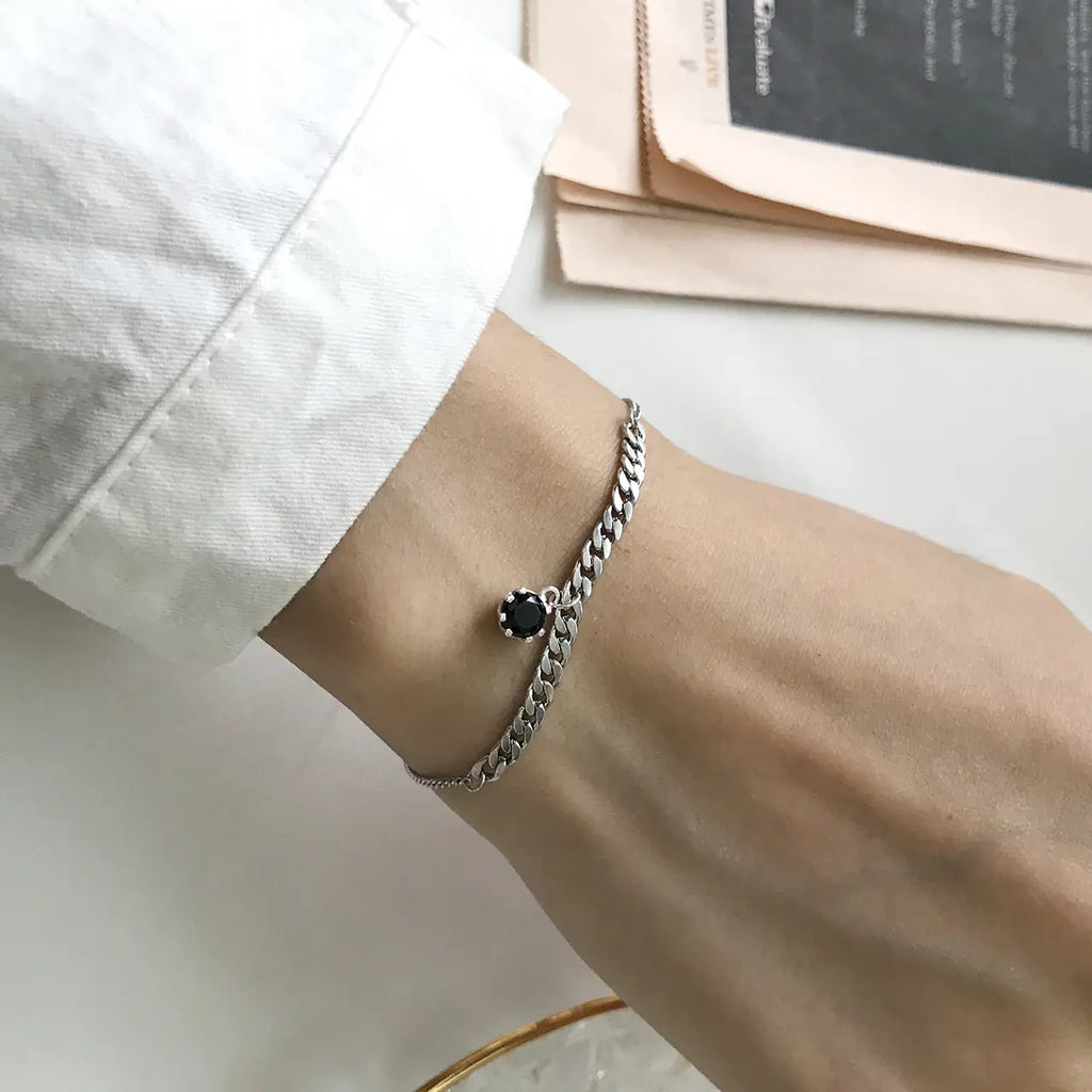 Korean Fashion S925 Silver Black Zircon Chain Bracelet