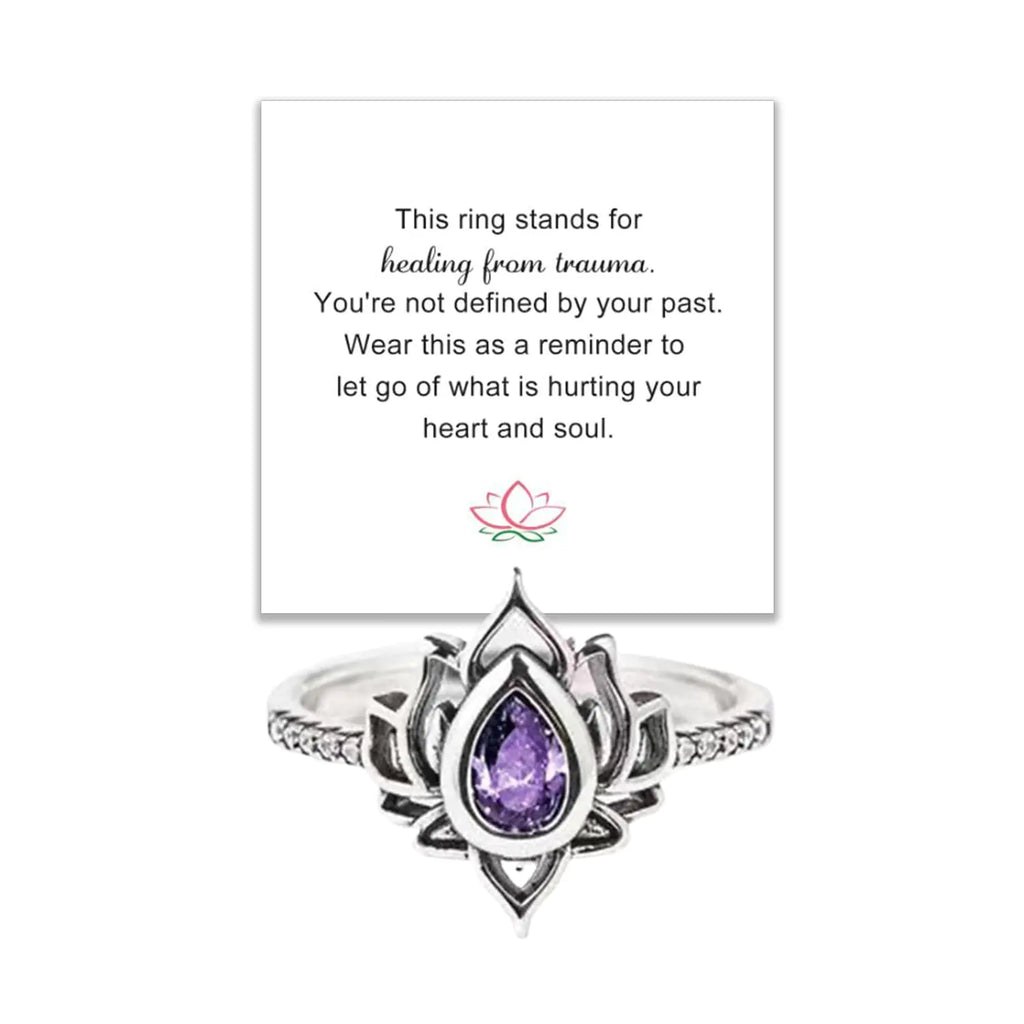 Decixde Lotus Ring for Women Lotus Flower Ring My Trauma Ring Lotus Promise Ring Zircon Inlaid Flower Ring Inspirational Ring Statement Floral Jewelry Gift (purple 7)