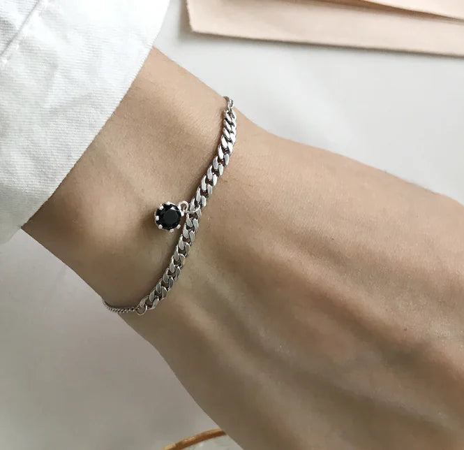 Korean Fashion S925 Silver Black Zircon Chain Bracelet