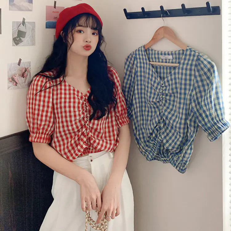 Women's Short Sleeve V-Neck Checked Shirt (Summer 2020)