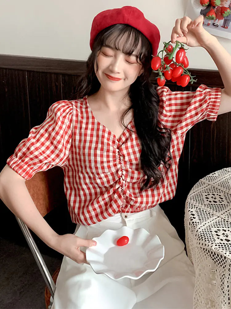 Women's Short Sleeve V-Neck Checked Shirt (Summer 2020)
