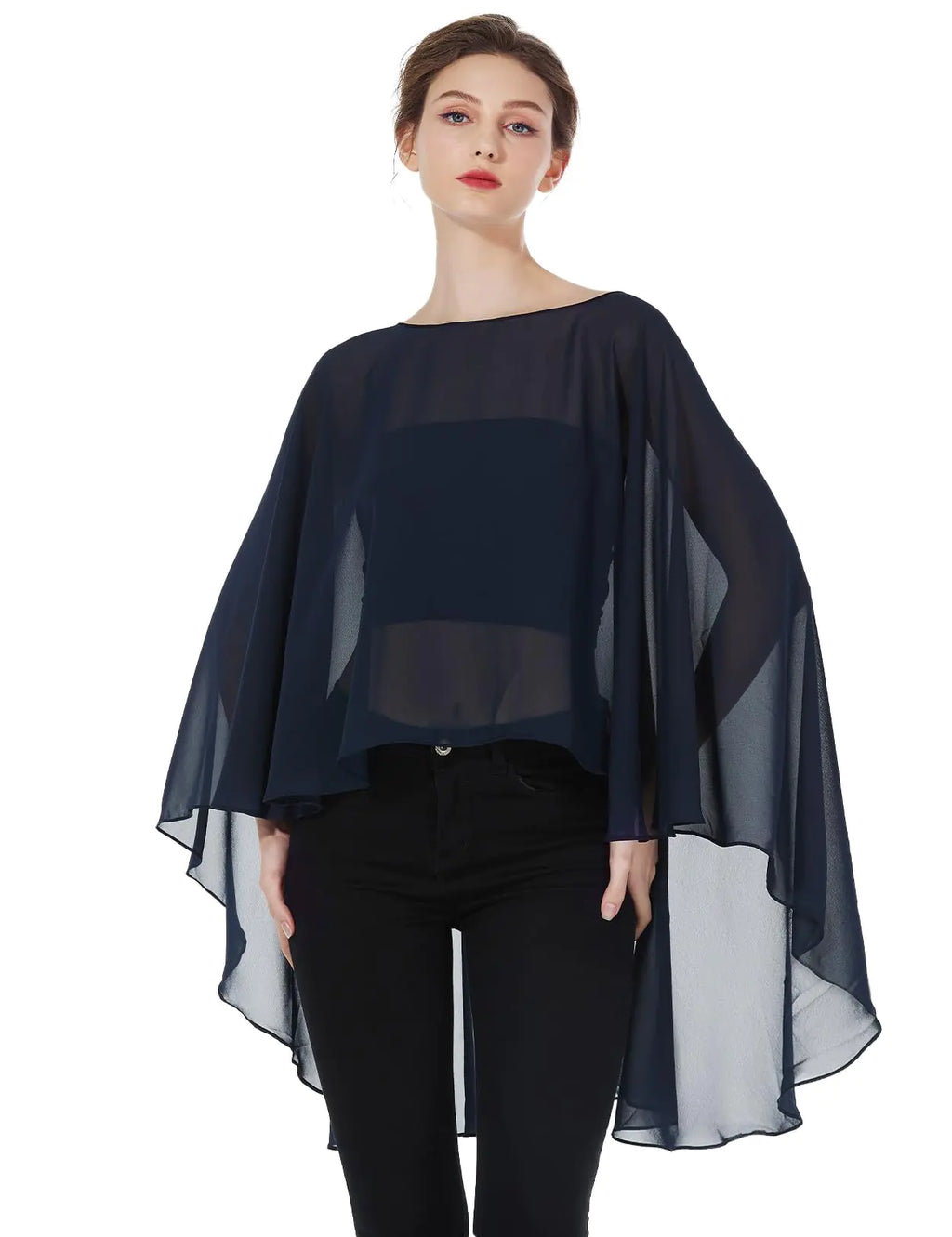 BEAUZSUZSANA High Low Bridal Chiffon Cape (Midnight Blue)