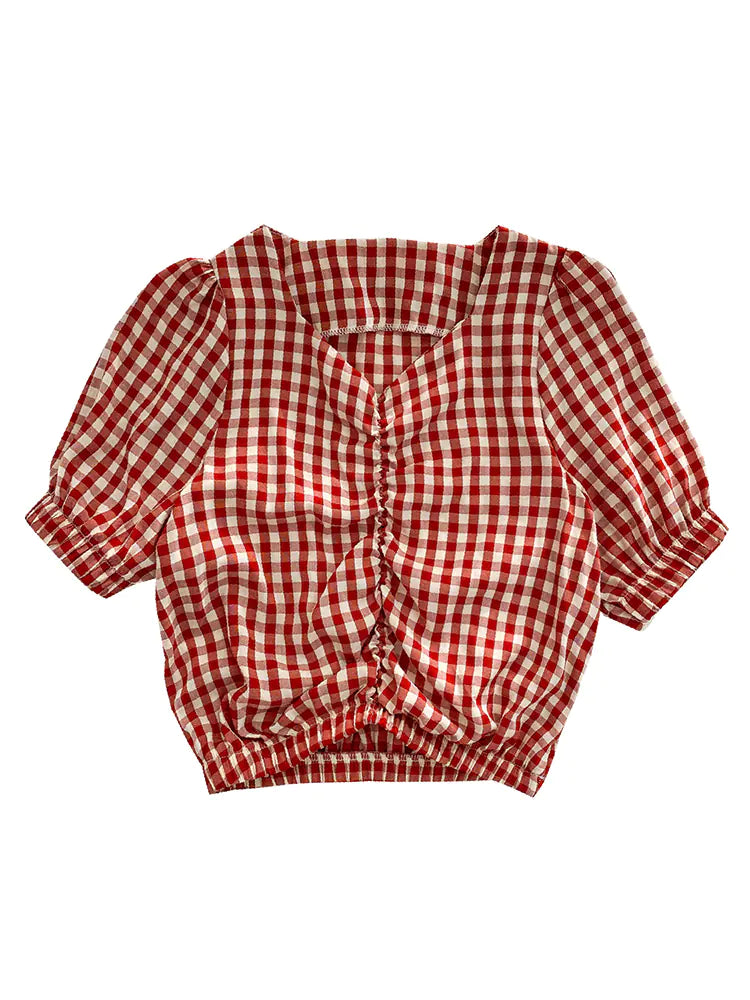 Women's Short Sleeve V-Neck Checked Shirt (Summer 2020)