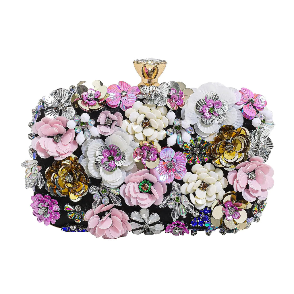 Floral Black Evening Clutch with Rhinestone