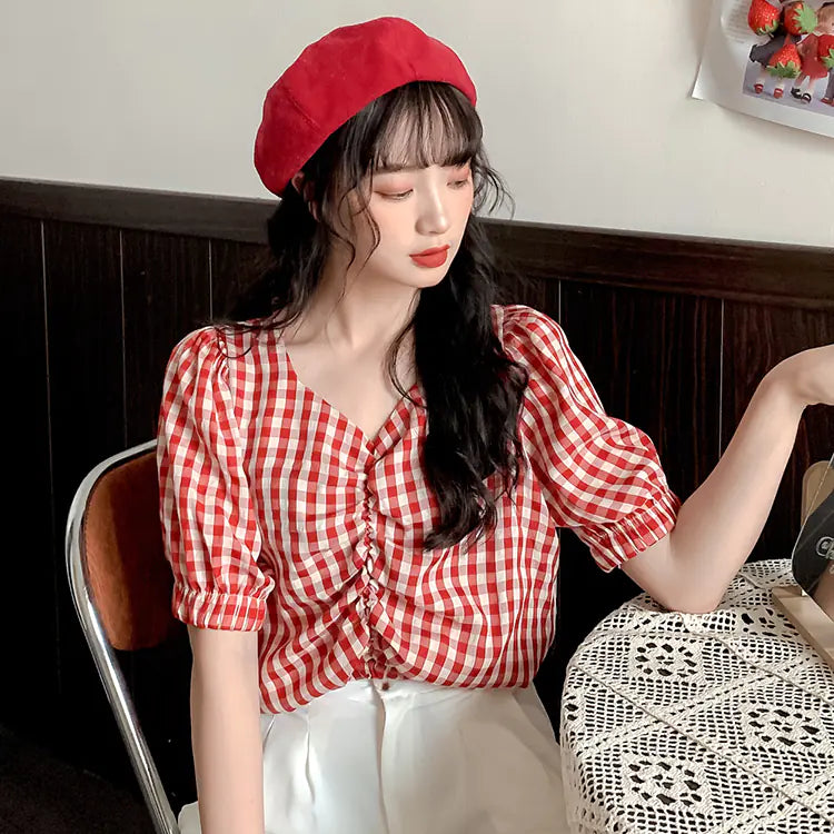 Women's Short Sleeve V-Neck Checked Shirt (Summer 2020)