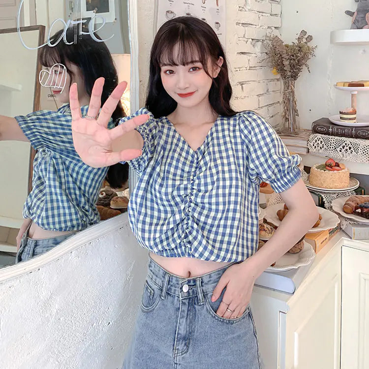 Women's Short Sleeve V-Neck Checked Shirt (Summer 2020)