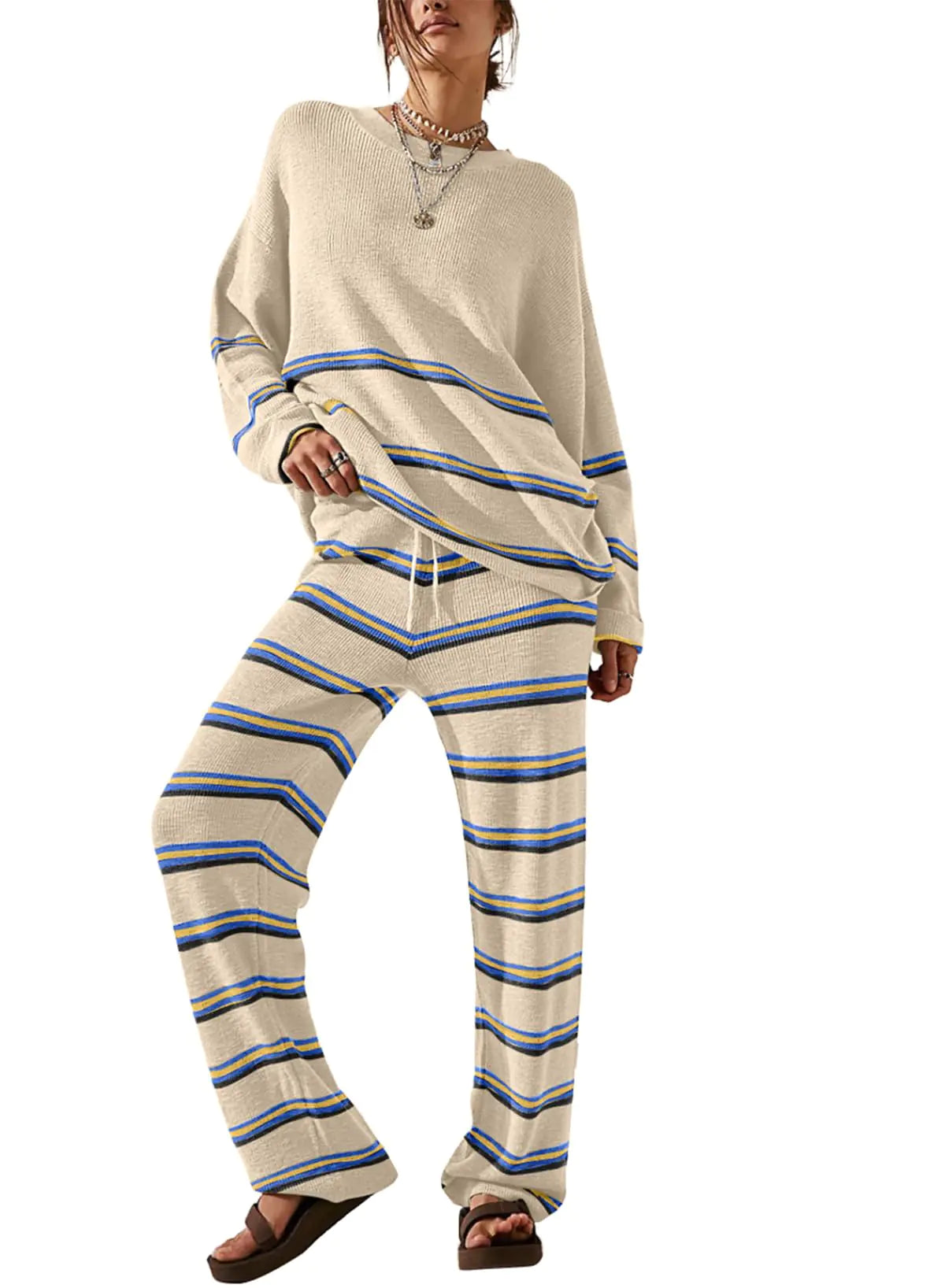 EVALESS Trendy Striped Sweater Loungewear Set Beige
