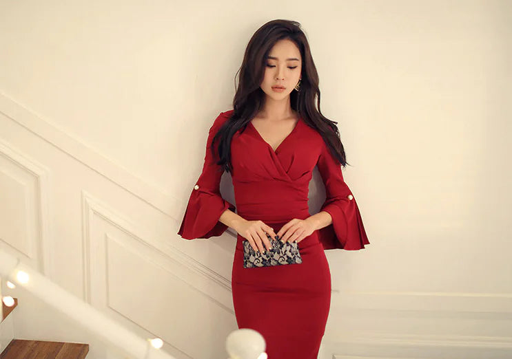 Chic V-Neck Bell Sleeve Evening Dress